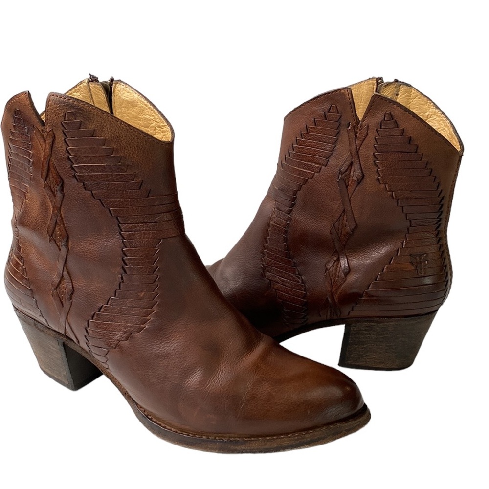 Frye Western Woven Leather Ankle Cowboy Boot Stacked Heel Side Zip